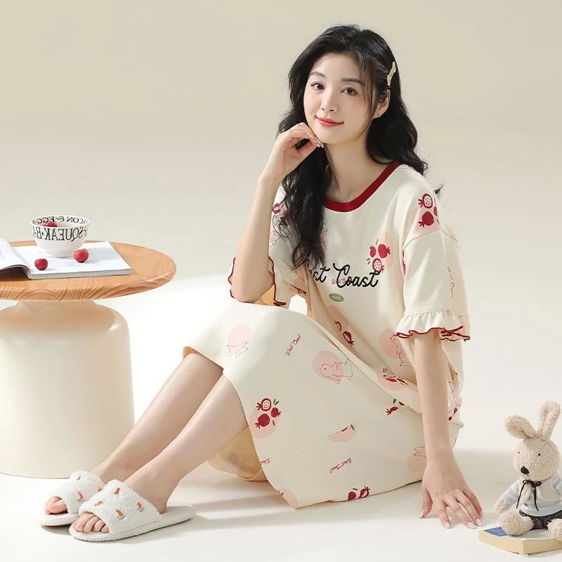 7A抗菌睡裙女夏季纯棉短袖新款连衣裙大码200斤 可外穿甜美家居服