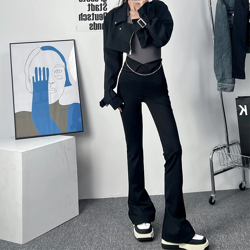 链条弹力百搭神裤马蹄裤女春季辣妹高腰显瘦紧身黑色微喇裤喇叭裤