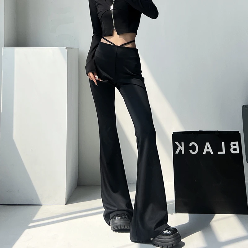 IG ONE夏季新款高腰个性微喇斜挂腰带辣妹裤修身显瘦微弹通勤简约