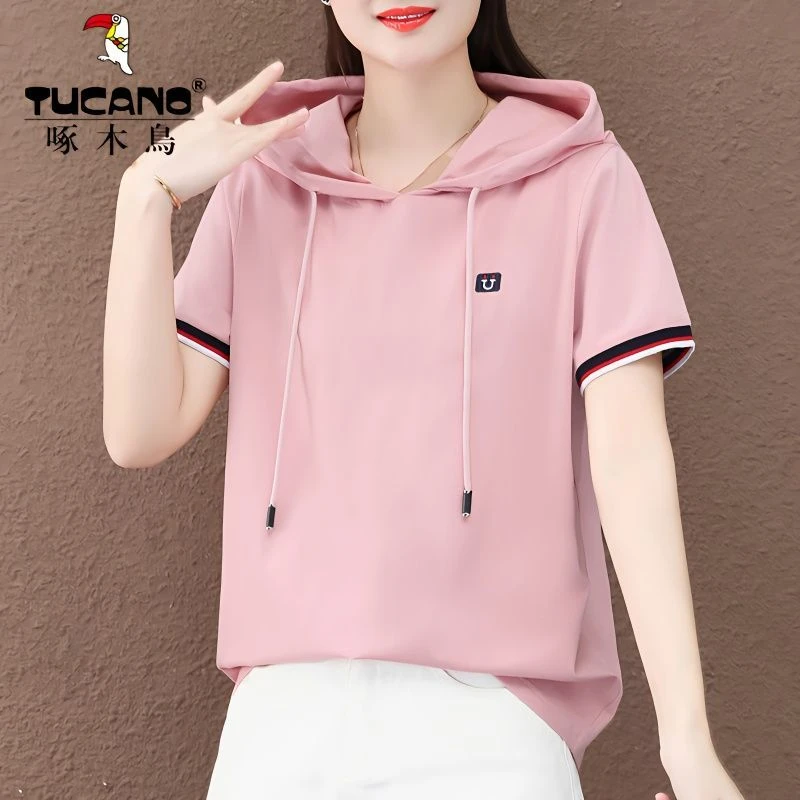 啄木鸟正品连帽短袖t恤女2024新款夏季薄款卫衣宽松休闲套头上衣