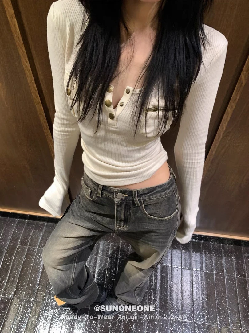 （海狮） 复古拼接打底上衣女冬内搭口袋精致修身长袖显瘦针织衫