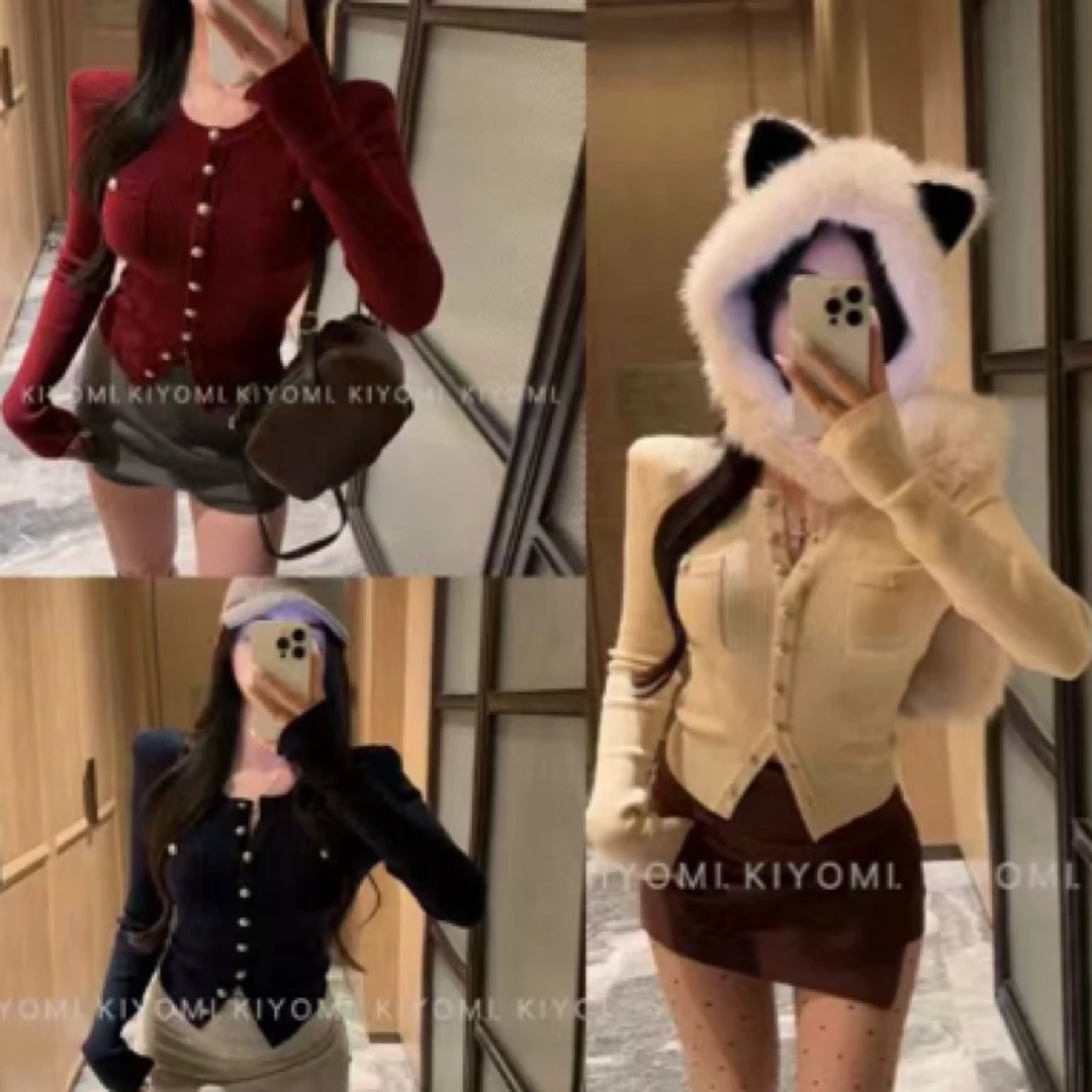 （海狮）秋季圆领金属扣设计小香风针织长袖开衫复古上衣