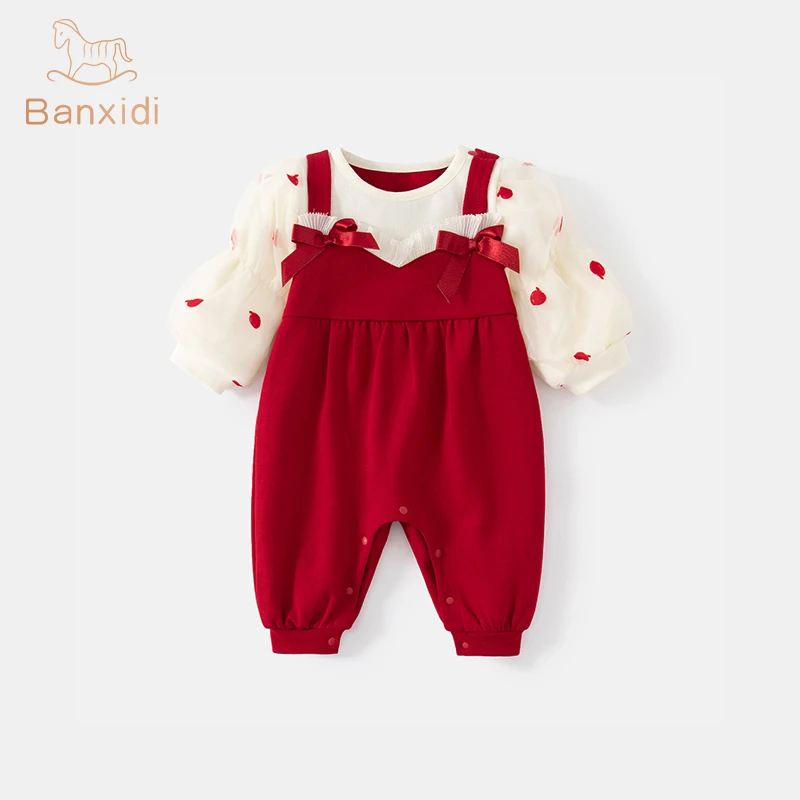 班喜迪婴儿衣服秋冬装女宝宝连体衣满月百天周岁礼服秋季外出爬服