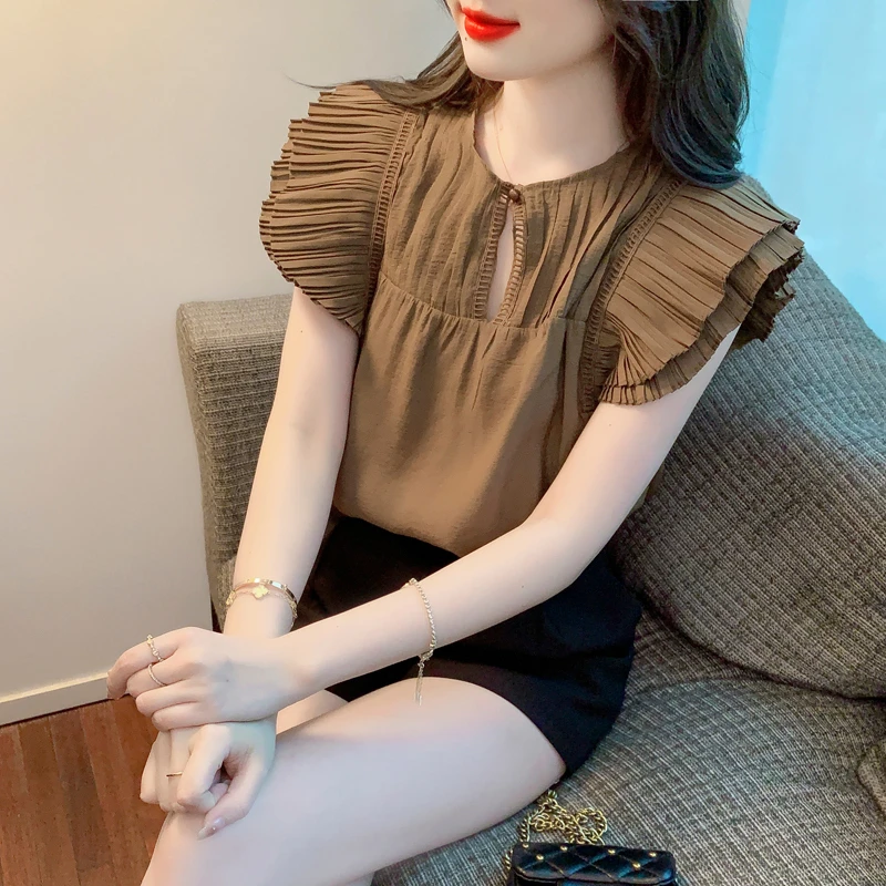 设计感褶皱飞飞袖衬衫夏季2023新款镂空薄款宽松艺术感法式上衣女