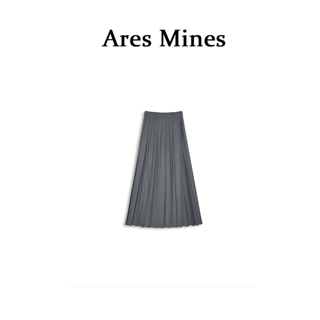 【盛朗熙Ares Mines】设计师款  复古显瘦高腰百褶开叉灰色半裙