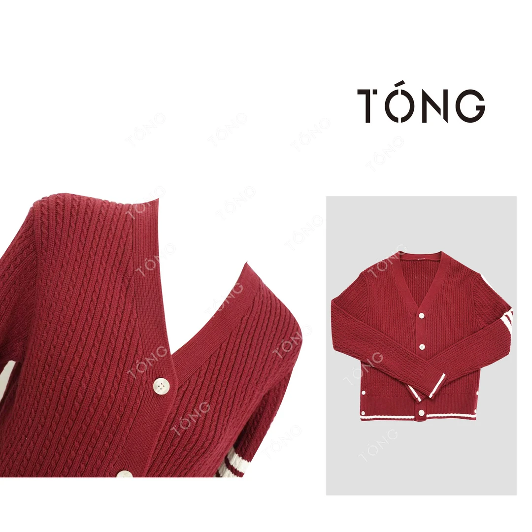 【青葱】复古学院风四道杠麻花条纹V领短款羊毛针织开衫 GM003