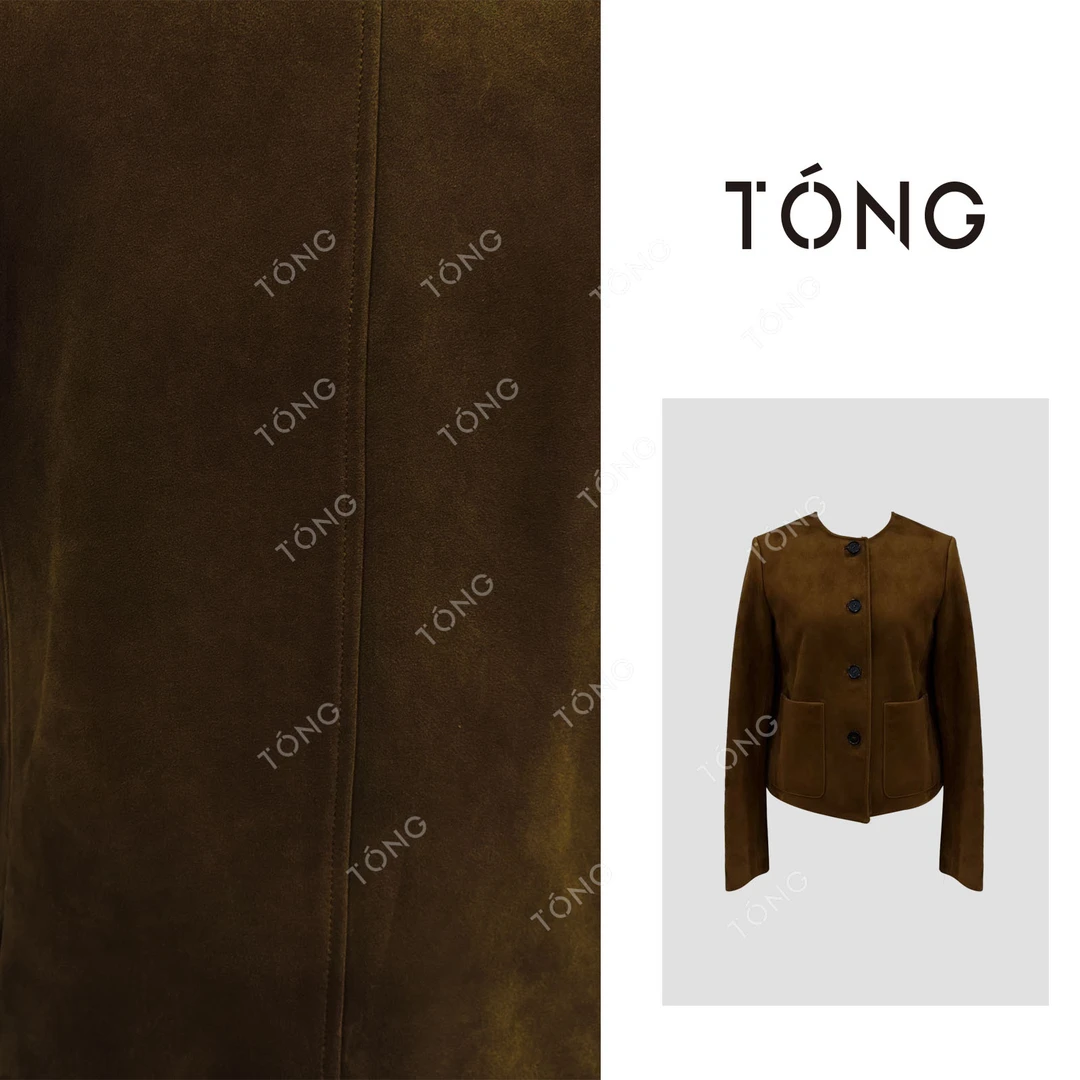 【吉缘】羊皮美拉德棕色复古气质圆领单排扣长袖羊皮外套 GW037