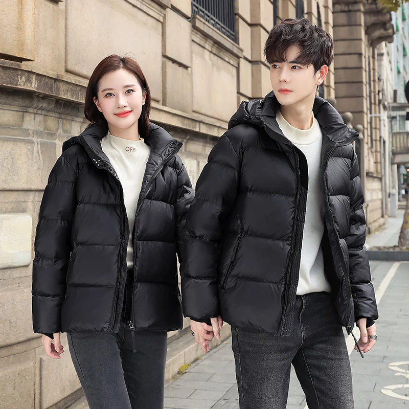 2023新款黑色羽绒服短款白鸭绒情侣款可脱卸帽冬季保暖厚外套