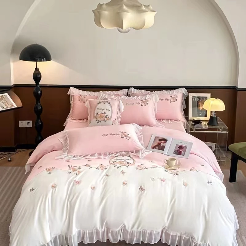 【好温馨专享】 高端奢华天丝绣花四件套-法式浪漫-粉