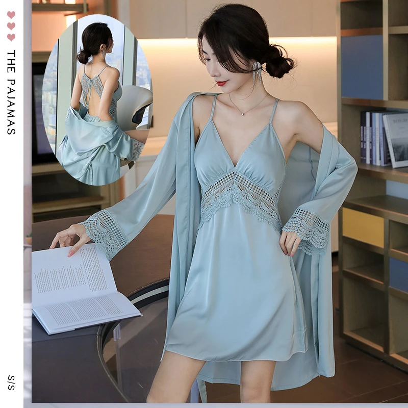 新款女士家居服睡衣蕾丝缎面雪纺多色精美吊带裙外袍两件套睡裙
