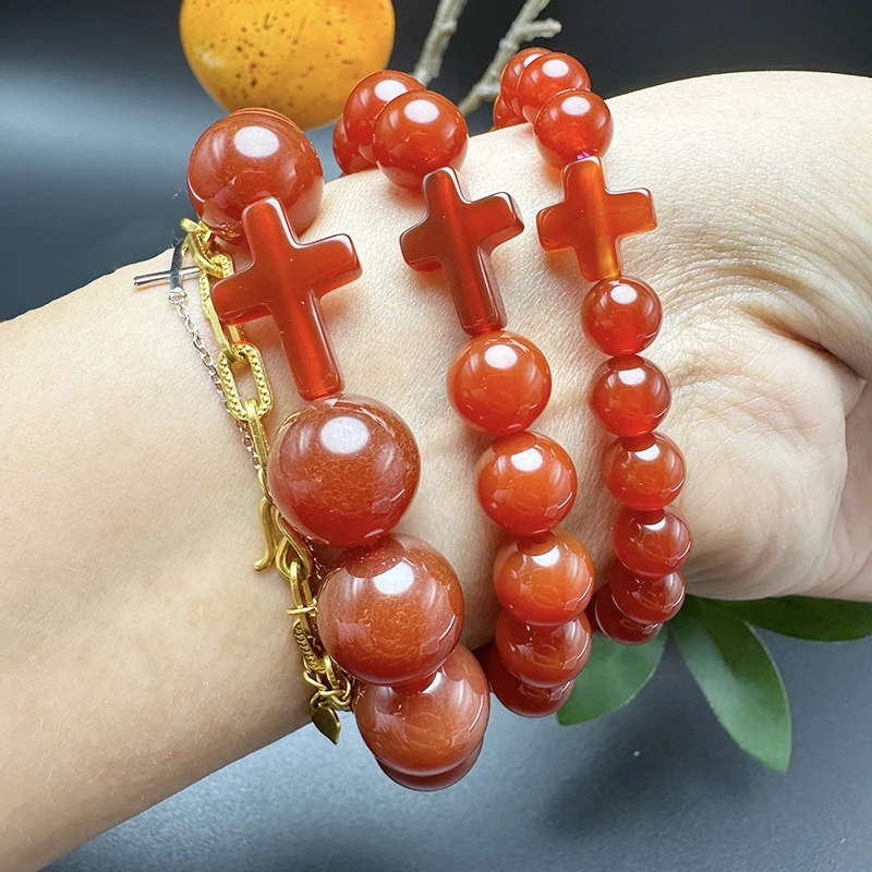 玛瑙玉髓手链十字架天然玉石红手串男女款情侣款散珠串珠送礼物
