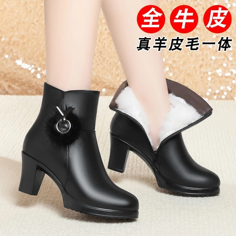 加厚绵羊毛短筒女靴真皮粗跟高跟短靴女棉鞋加绒圆头保暖软底靴子