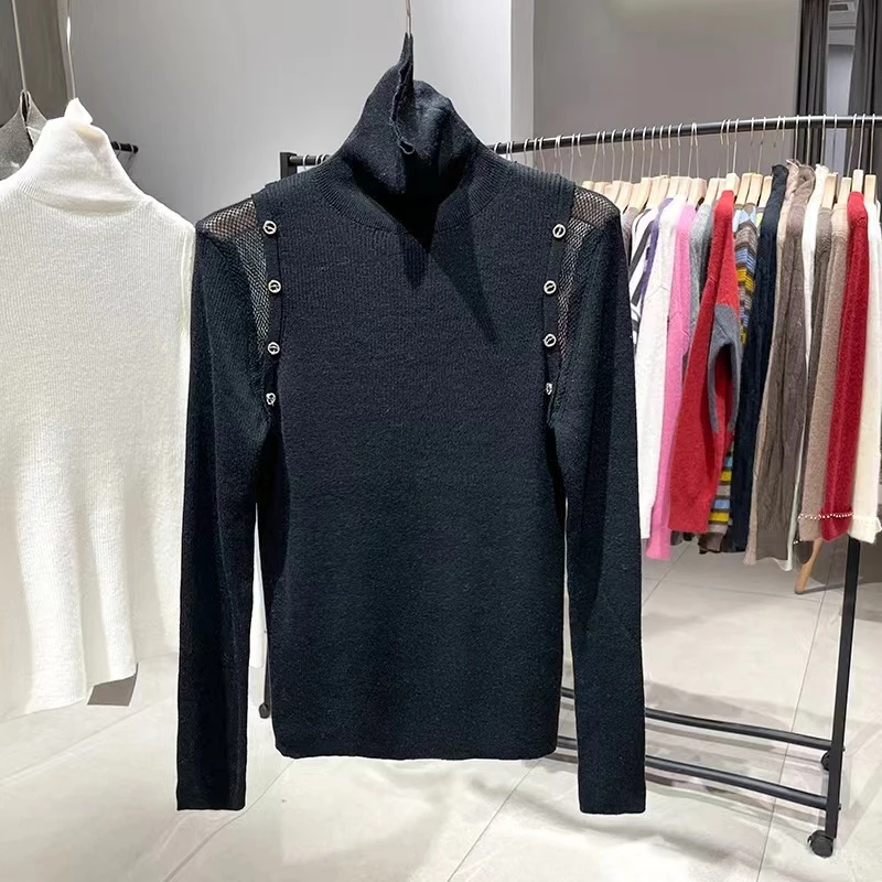 P3361韩版气质简约大气堆堆领镂空金属装饰设计修身针织衫冬新款