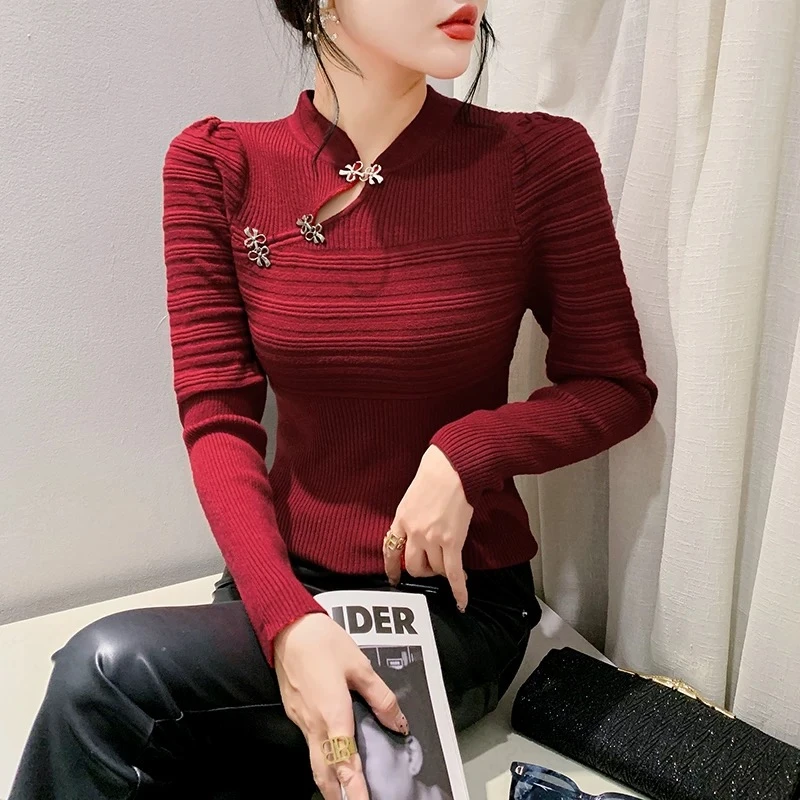 G3400新中式盘扣毛衣女2024秋冬爆款内搭设计感针织长袖内搭衣女