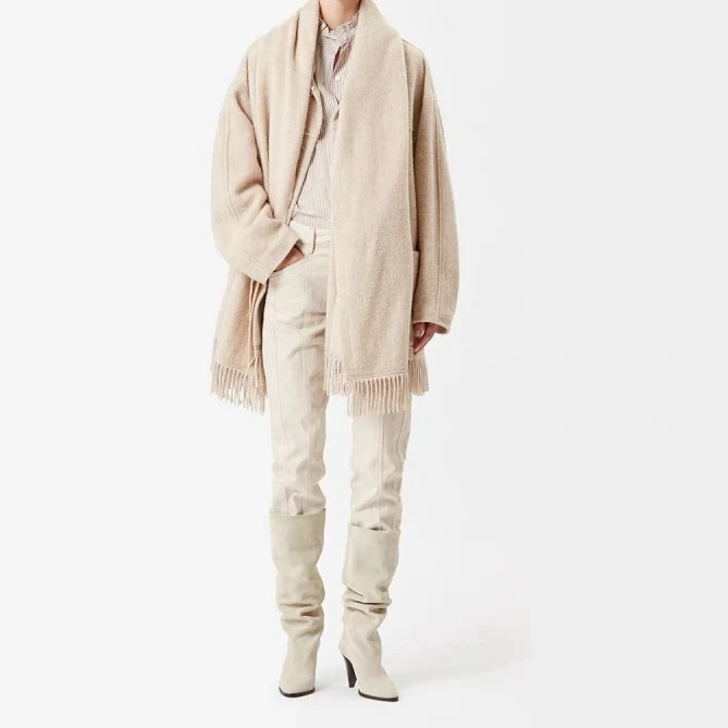 J4301秋冬2024新款披肩围巾领流苏毛呢外套女宋佳同款