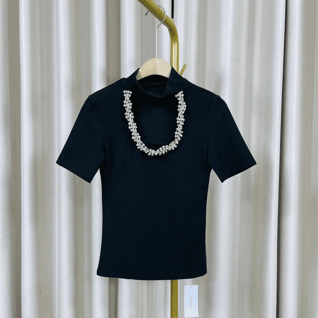 性感胸前镂空挂脖重工订珠针织上衣打底衫秋冬半高领内搭P4527