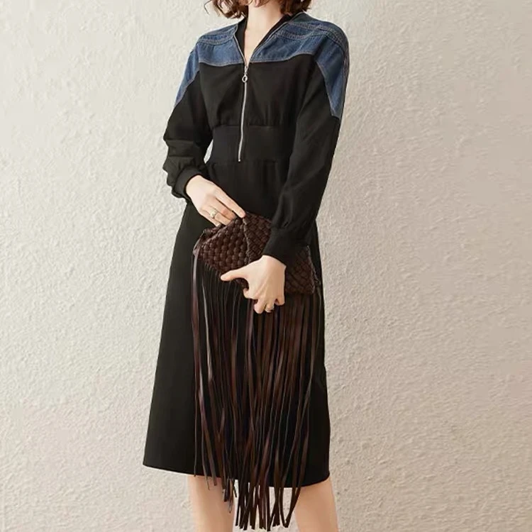 S4215撞色拼接牛仔连衣裙春秋款时尚百搭休闲小V领高腰显瘦长袖裙