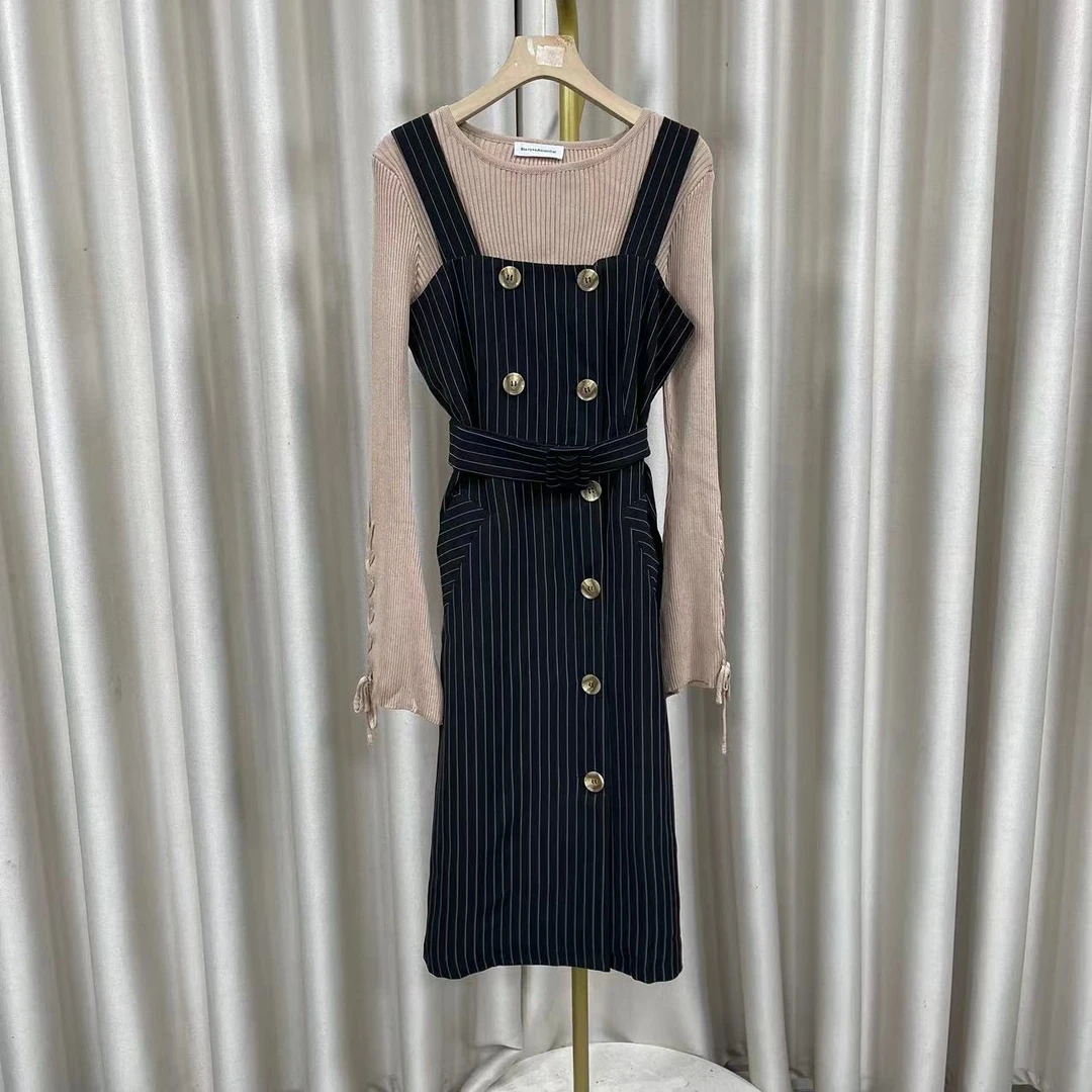 F3256冬款西装背带裙女秋冬内搭上衣套装复古条纹中长款连衣裙