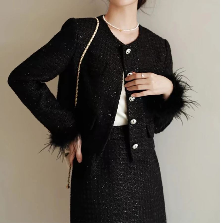 X2817金丝毛呢拼鸵鸟毛小香外套+知性呢料半身裙高级感套装