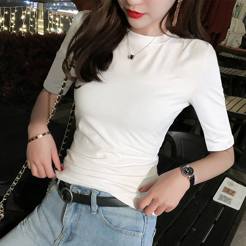 短袖t恤女内搭夏季紧身纯棉五分袖上衣小高领洋气中袖设计感小众