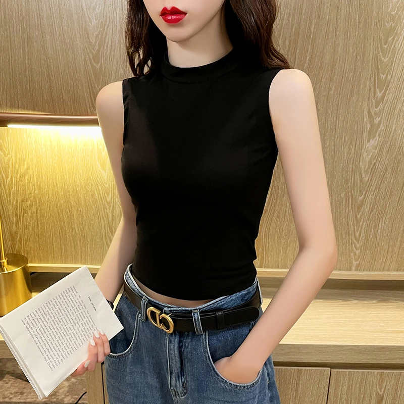 黑色半高领小背心女外穿夏2026高档无袖t恤内搭修身显瘦打底上衣