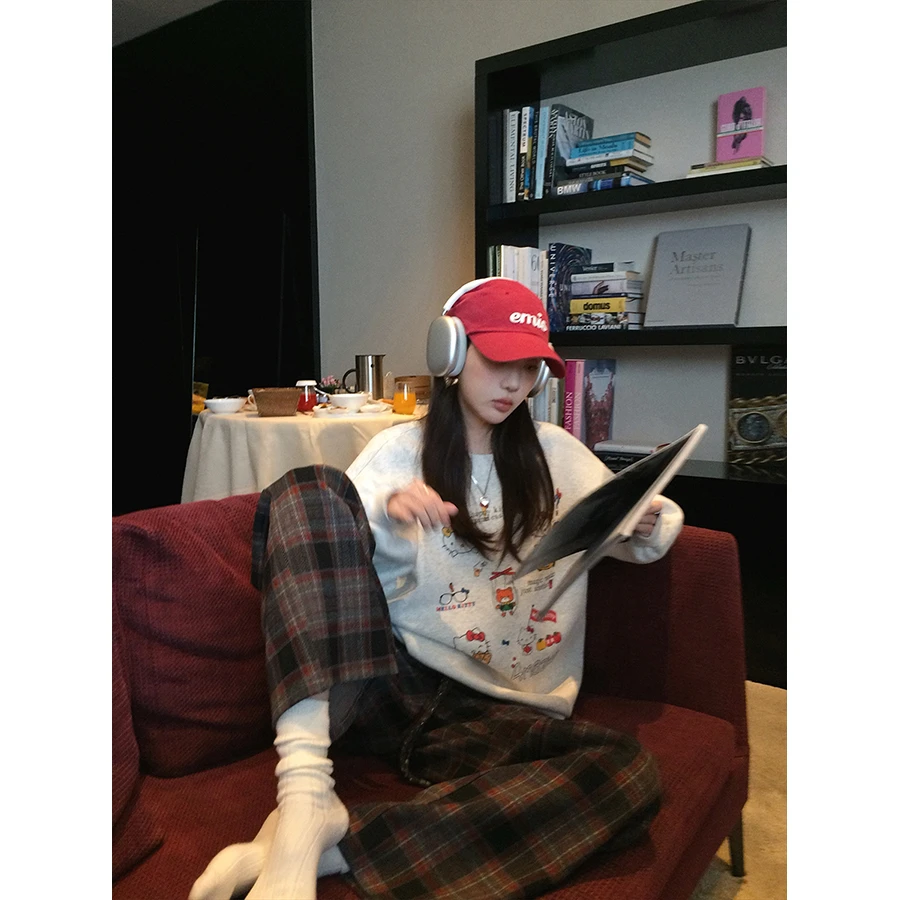 张贝贝 安哥拉红 手工定制抽绳 松弛慵懒感磨毛格子裤