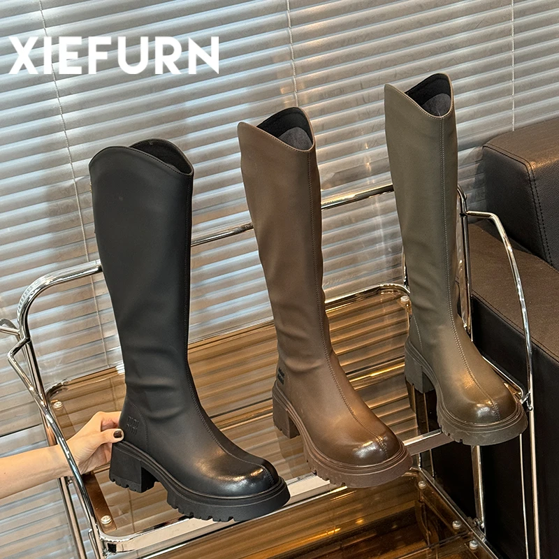 XIEFURN/鞋夫人厚底复古长筒靴秋冬百搭不过膝小个子高筒骑士靴