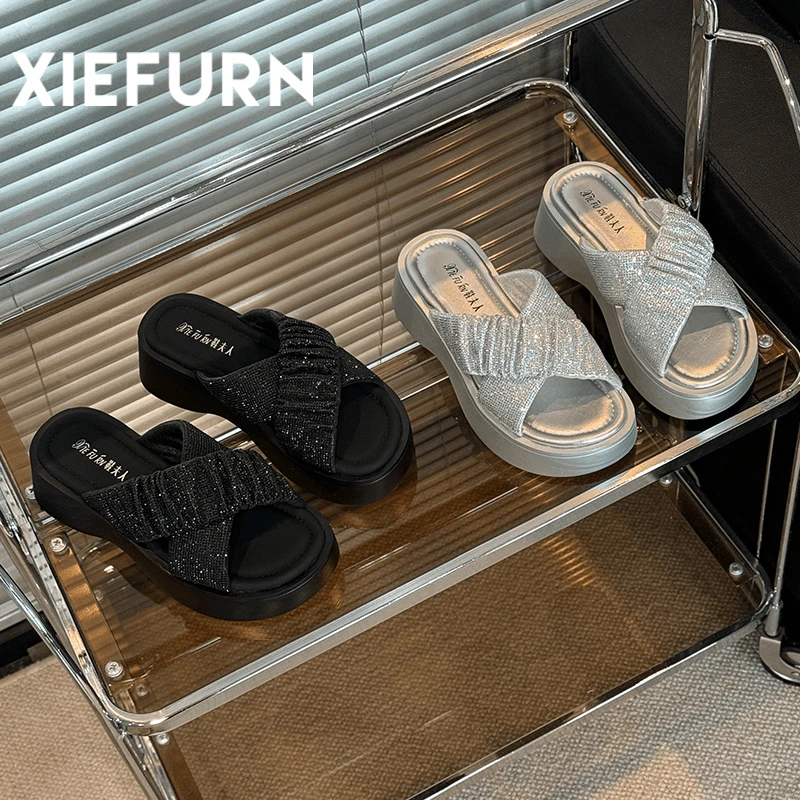 XIEFURN/鞋夫人2024夏季新款气质时尚烫钻仙女风交叉厚底露趾拖鞋