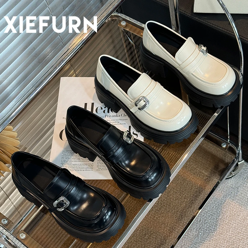 XIEFURN/鞋夫人春秋百搭复古粗跟厚底英伦风时尚鞋子圆头单鞋增高