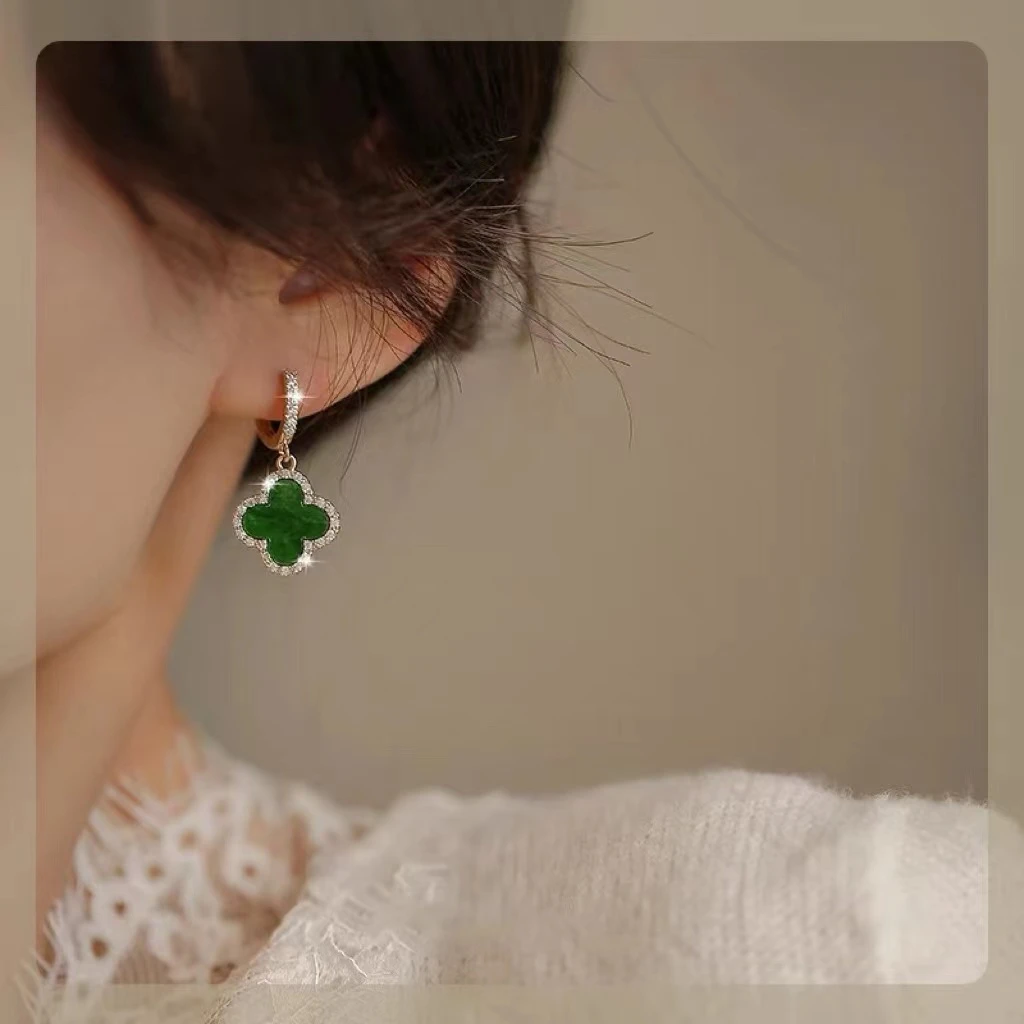 铜合金耳饰 气质绿色四叶花花耳圈高级原创饰品轻奢小众经典简约