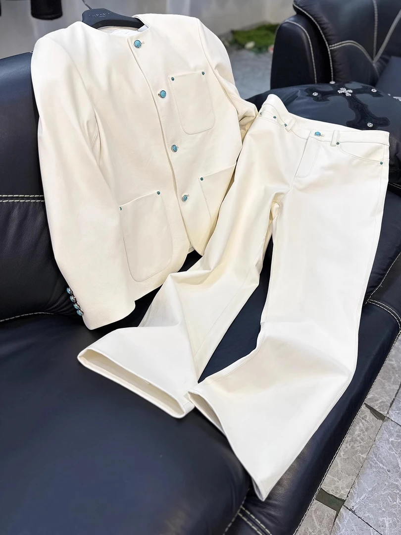明星同款小香风胎牛皮男士白色短款外套长裤真皮皮衣5223-5172