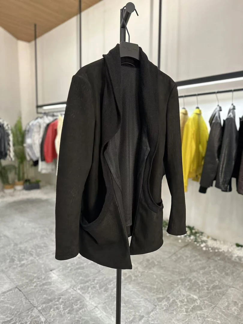 意大利磨砂羊皮绒面暗黑先锋休闲开衫真皮男士外套围巾领14198