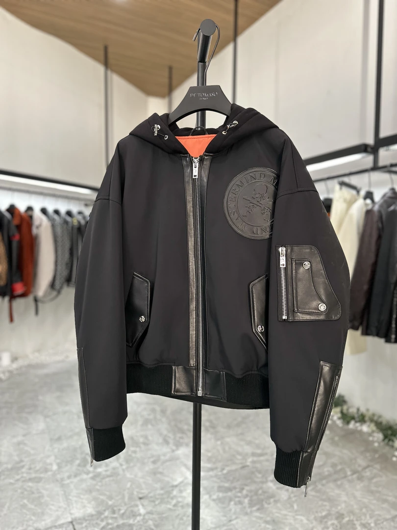 骷髅王西班牙羊皮拼牛奶丝三防面料鹅绒真皮衣男士连帽外套5253