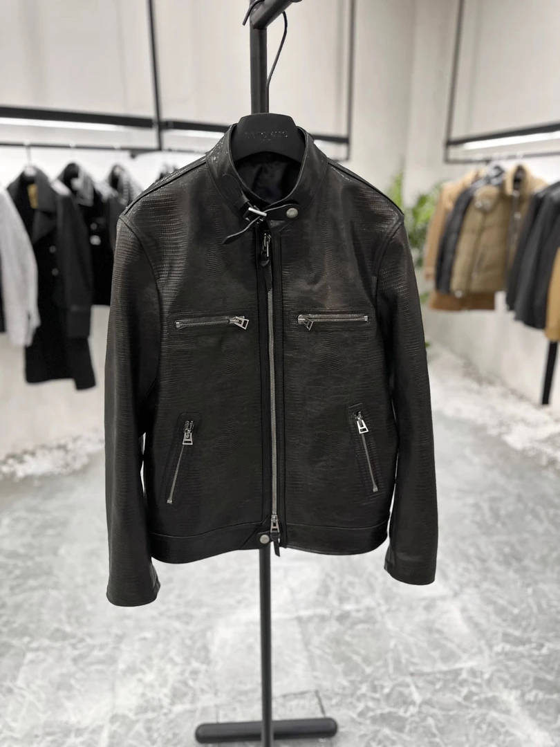 黄仁勋同款TF高定西班牙小羊皮蜥蜴纹真皮短款立领真皮夹克5218