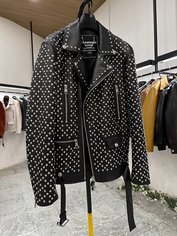 西班牙羊皮男士外套新款短款拉链满身铆钉机车服真皮皮衣ITET17