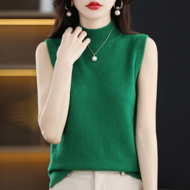 春秋季无袖显瘦半高领百搭背心修身气质内搭外穿T恤打底针织衫
