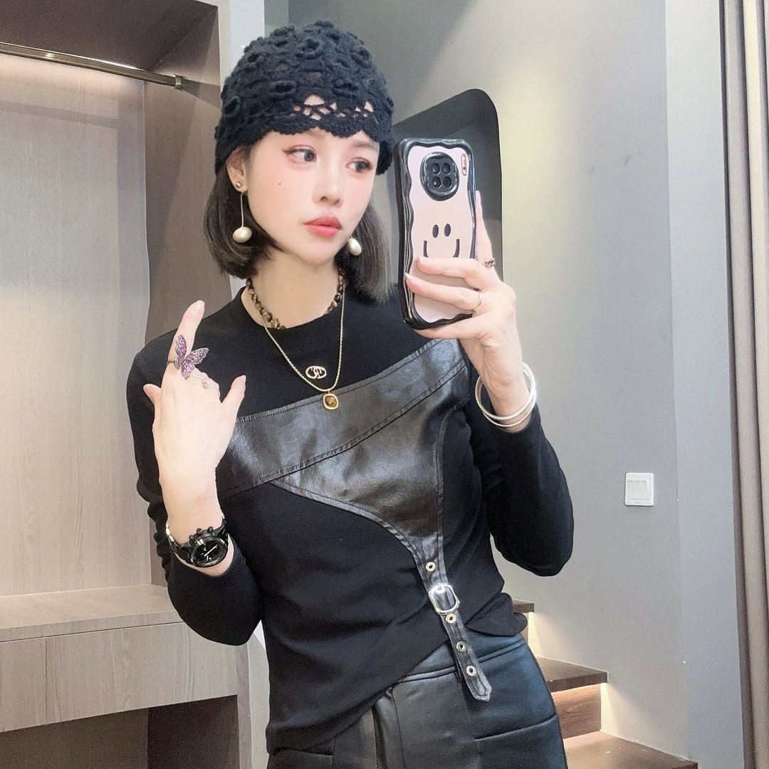 欧货新款洋气圆领拼接蛋白皮休闲长袖T恤上衣