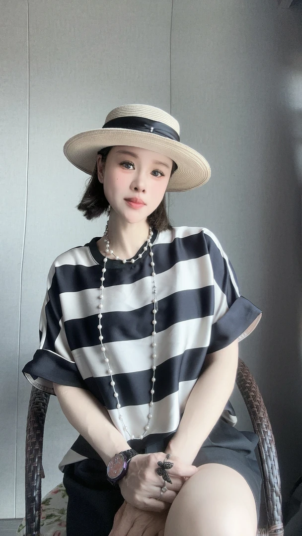 【缘姐精选】欧货夏季新款高级小众气质宽松条纹撞色短袖上衣T恤