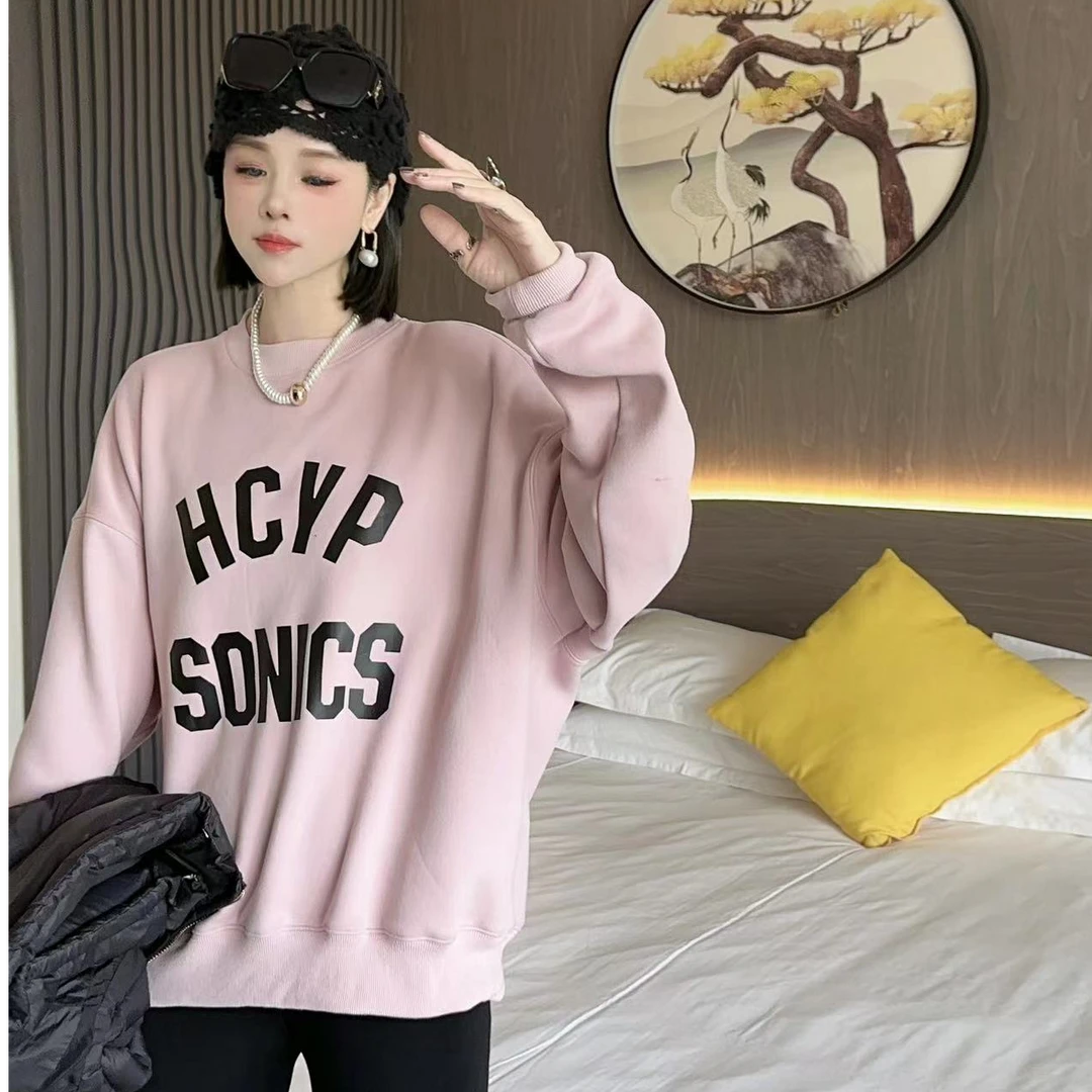 【YUAN JIE】欧货冬季新款慵懒设计感圆领落肩字母一体绒套头卫衣潮