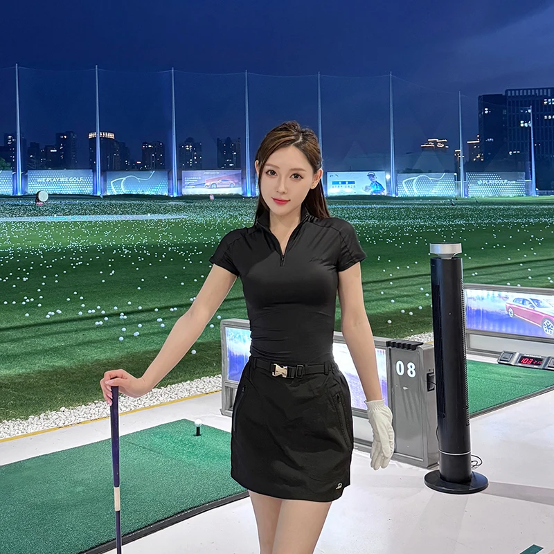 高尔夫服装女夏季冰丝短袖上衣修身百褶半身裙子golf速干女装