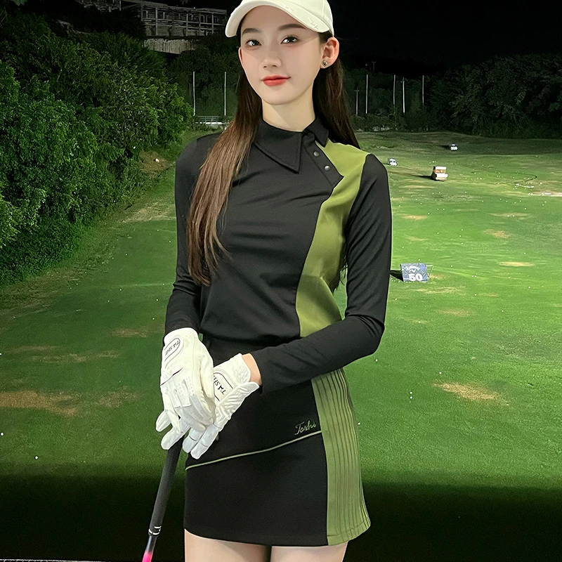 TASHI 高尔夫服装女秋季速干长袖上衣修身高弹T恤包臀短裙裤