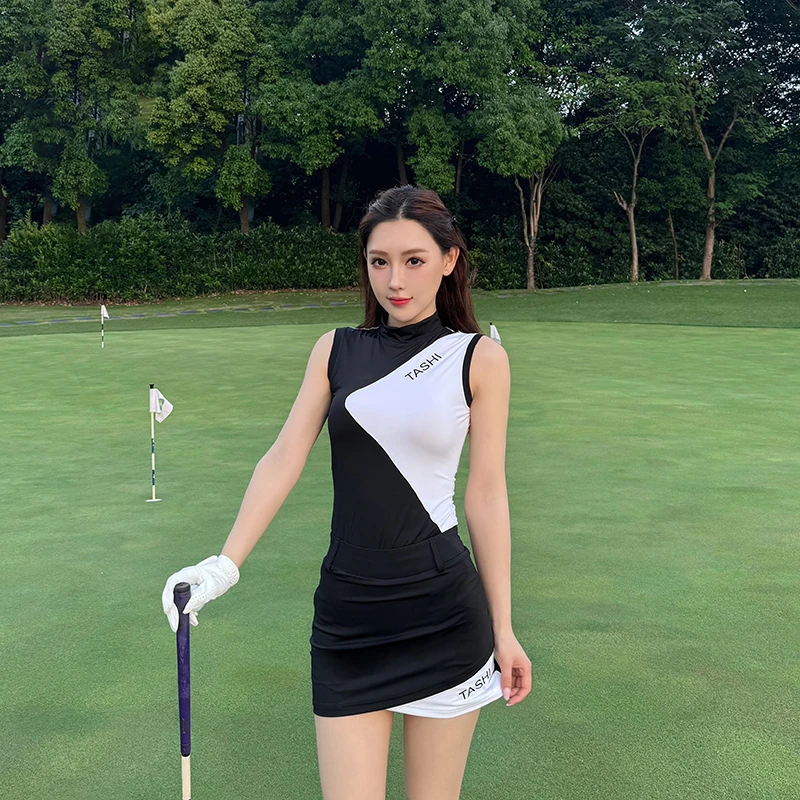 TASHI 高尔夫服装女防晒上衣无袖T恤速干女装显瘦修身包臀短裙裤