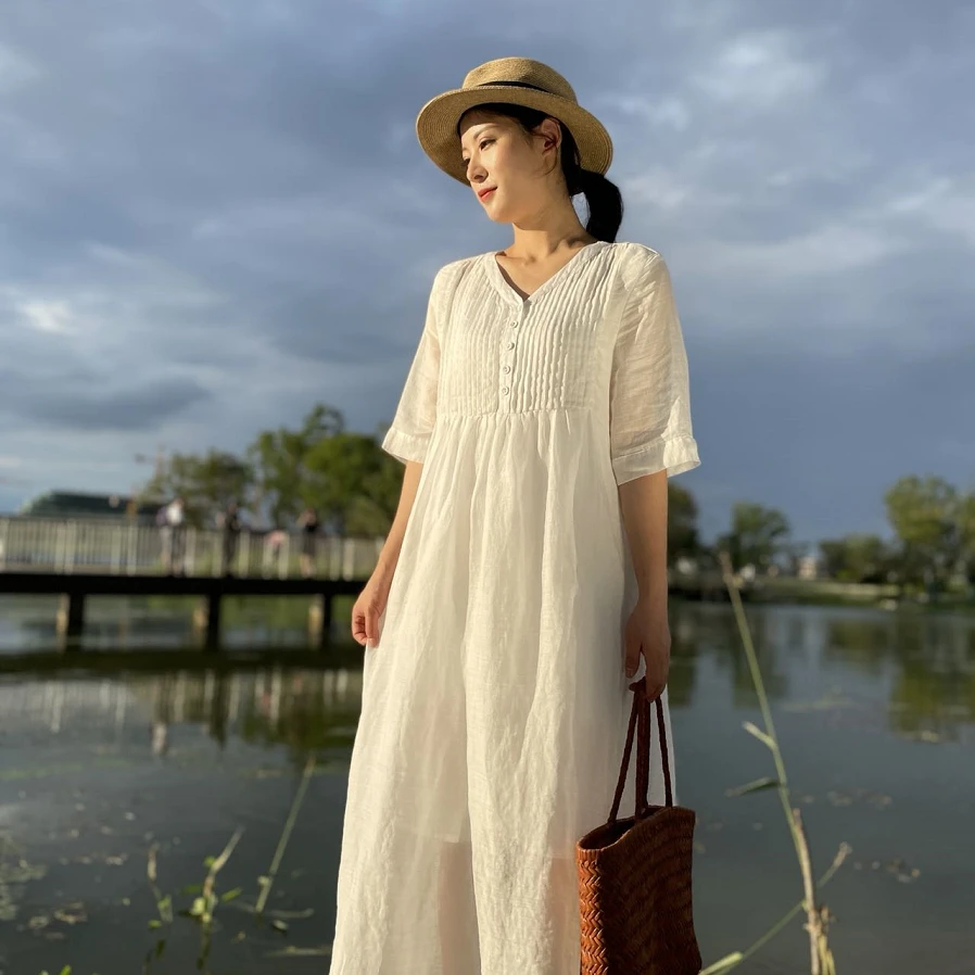 2022夏季新品宽松长裙100支苎麻风琴褶V领显瘦连衣裙