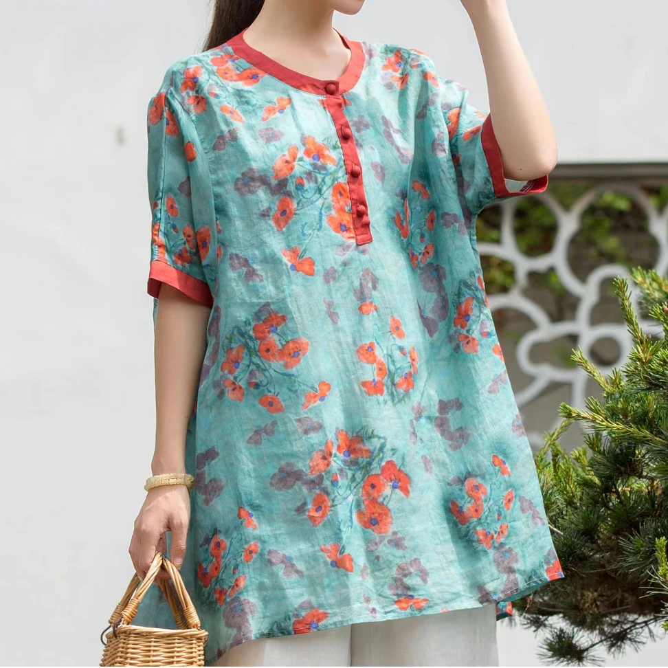 夏季宽松时尚高端苎麻上衣数码印花圆领显瘦衬衫女