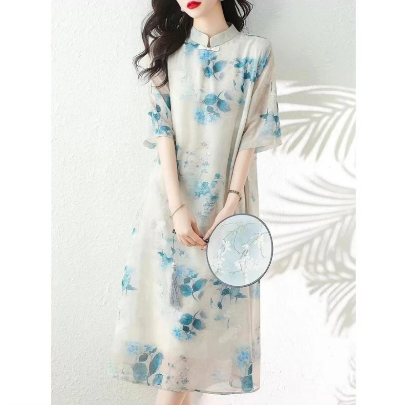 2024夏复古新中式连衣裙女中国风立领短袖夏季连衣裙