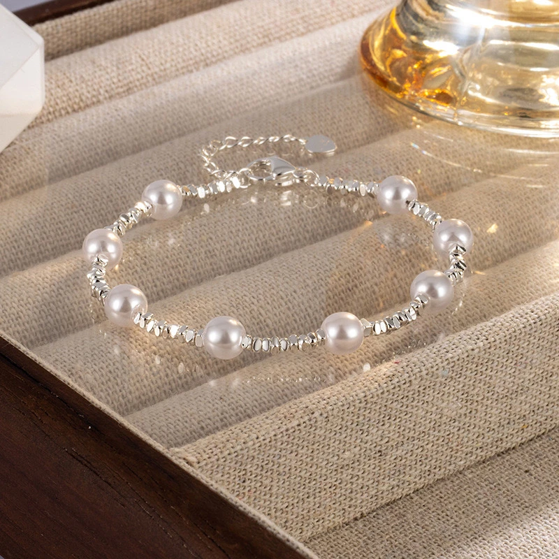 钛钢仿珍珠手链 碎银几两间隔珍珠手链简约满天星超闪小众设计