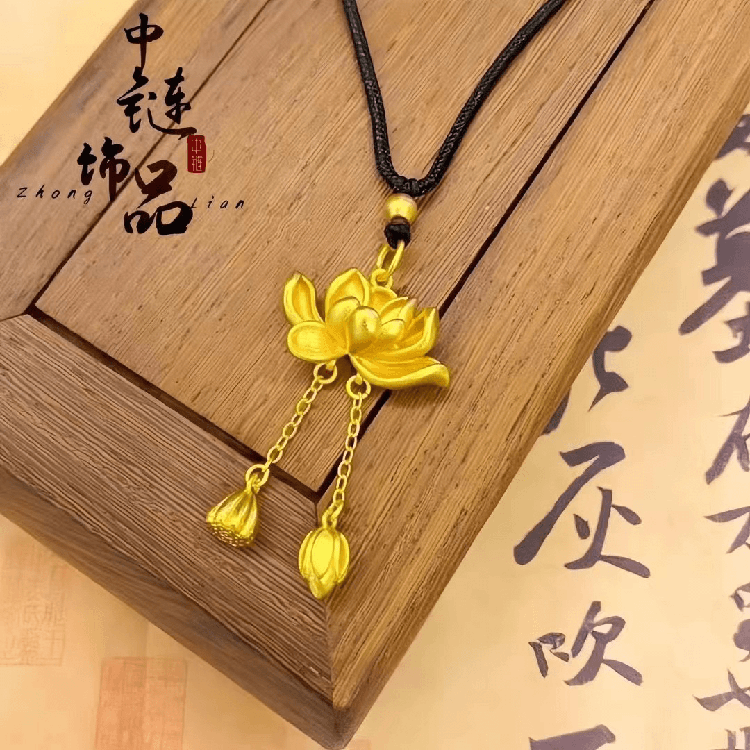 合金仿珍珠项链 古法沙金莲花荷花吊坠diy挂坠配件两世欢项链优雅