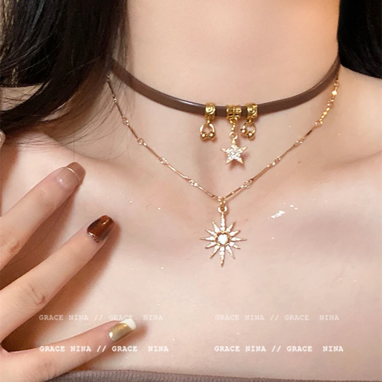钛钢仿珍珠项链 美拉德风复古双层星星颈链【267】choker轻奢锁骨链
