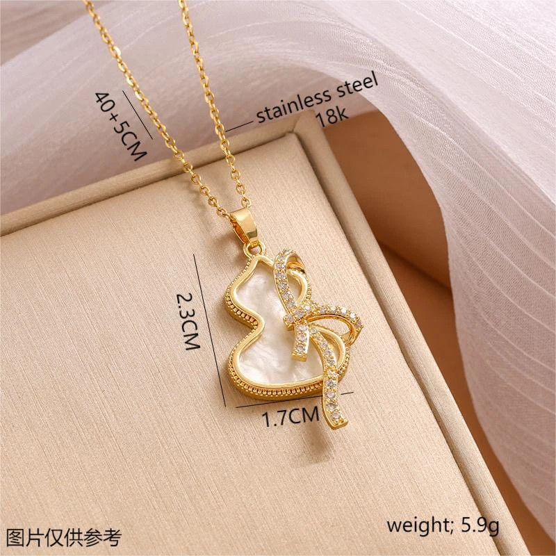 不锈钢仿珍珠项链 葫芦锆石蝴蝶结项链【259】时尚轻奢锁骨链金色