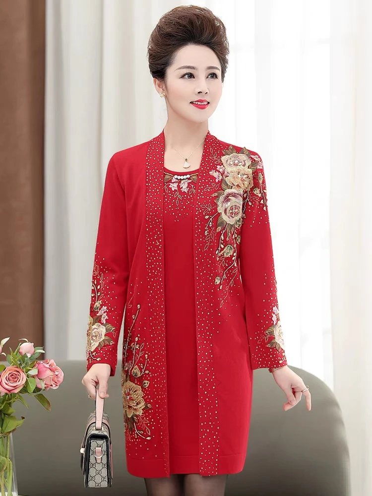 亿喜绣喜妈妈秋冬手工绣花刺绣钉珠经典中长款假两件羊毛衫63319